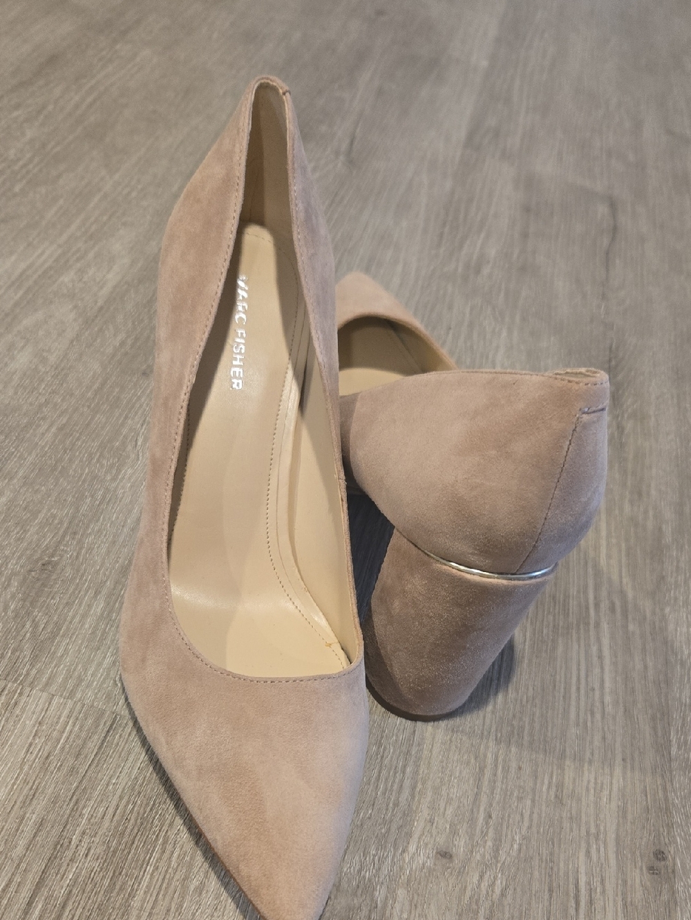Marc Fisher Taupe Suede Pointed Toe Block Heels